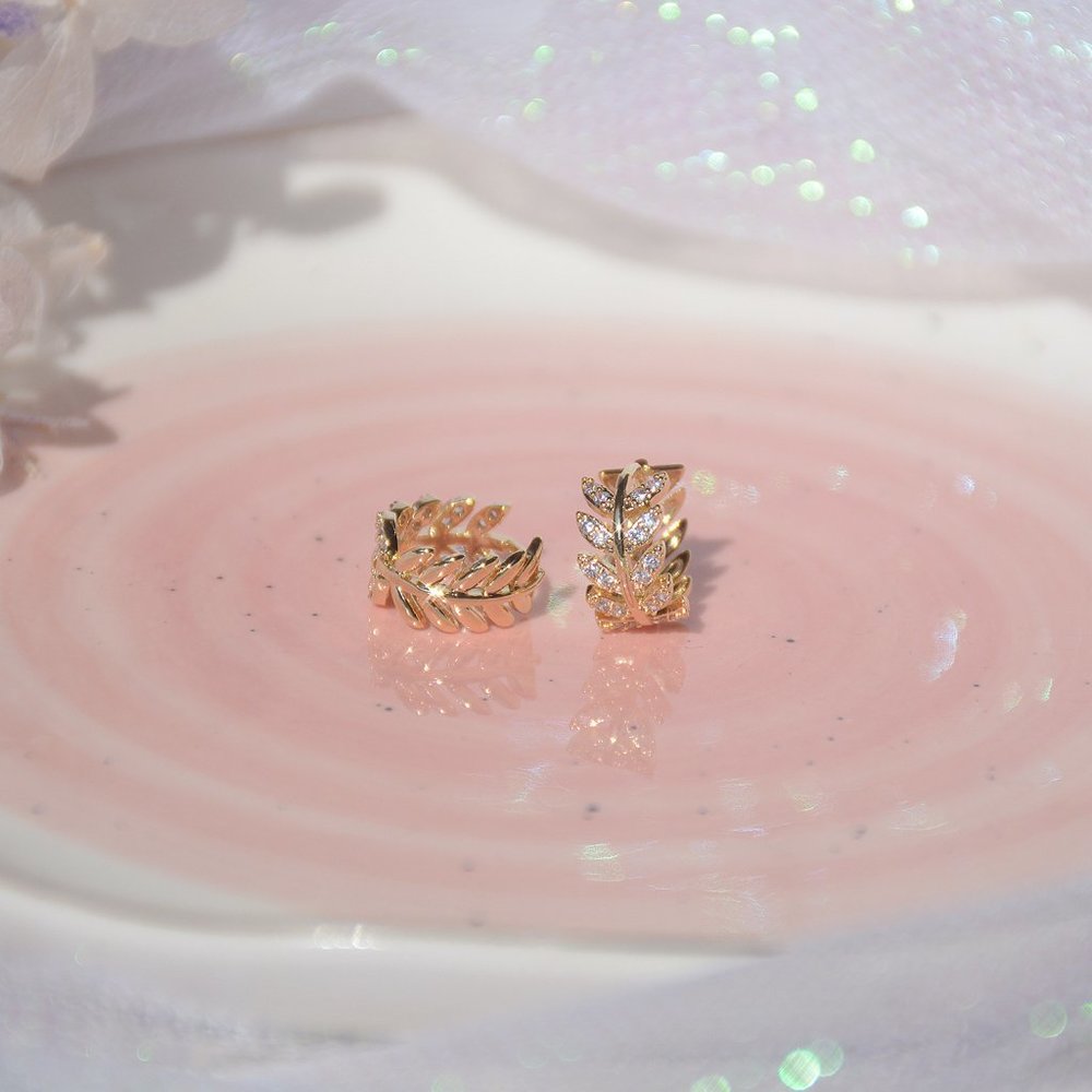 NEW 14K Gold Plated Diamond Leaf Hoop Earrings - Picture 5 of 8